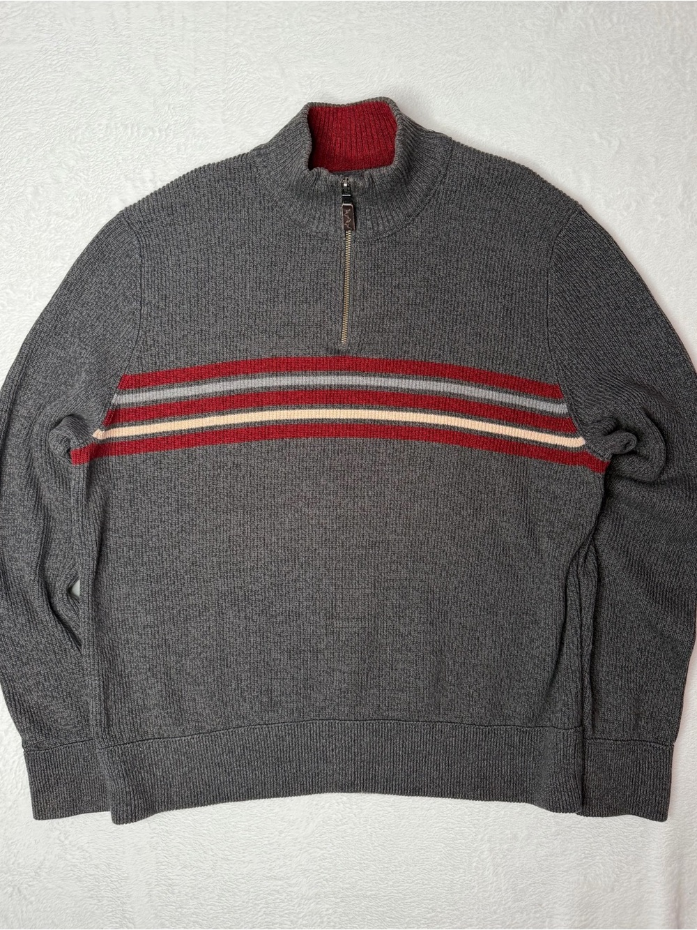 Eddie Bauer Mens XXL Gray Quarter Zip Cotton Sweater Striped Vintage